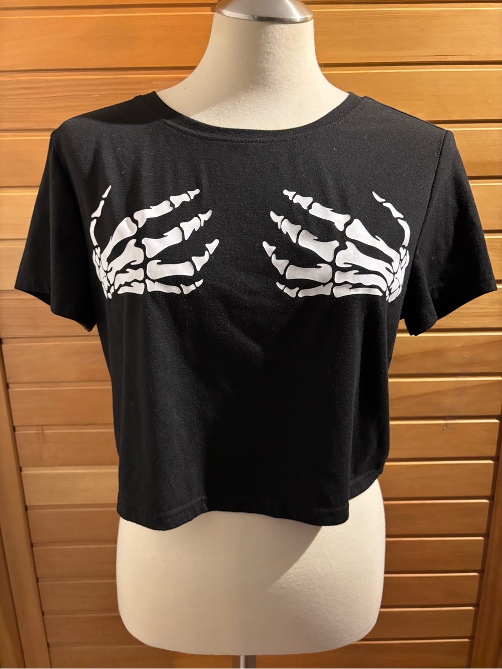 Women's Black Crop Top with White Skeleton Hand Print